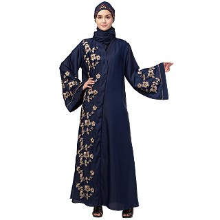 Premium Front open abaya with side embroidery work- Navy Blue